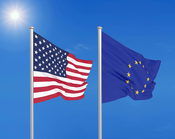Spojené státy americké versus Evropská unie. Silné barevné hedvábné vlajky Ameriky a Evropské unie. 3D ilustrace na pozadí oblohy. - Ilustrace - Fotografie, Obrázek