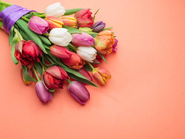 Colorful bouquet of tulips on white background.  - Fotoğraf, Görsel
