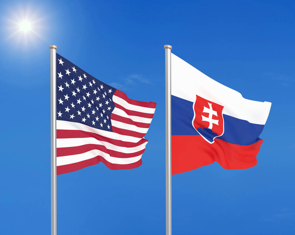 アメリカ対スロバキア。アメリカとスロバキアの厚い色の絹の旗。空を背景に3Dイラスト。-イラスト - 写真・画像