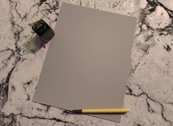 Una hoja de papel con un lápiz de metal sobre una mesa de mármol. Mock-up
. - Foto, imagen