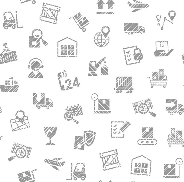 Delivery of goods, seamless pattern, single color, shading pencil, icons, white, vector. Cargo transportation and delivery of goods. Vector flat seamless pattern. Imitation of pencil hatching. Gray icons on white background.  - Vektör, Görsel
