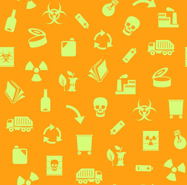 Waste, recycling, seamless pattern, orange, color, vector. Garbage collection, different types of waste. Vector, seamless background. Yellow, flat icons on orange background.  - Vektör, Görsel