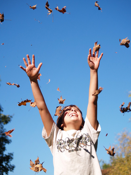 空気中の葉を投げる少年 - 写真・画像
