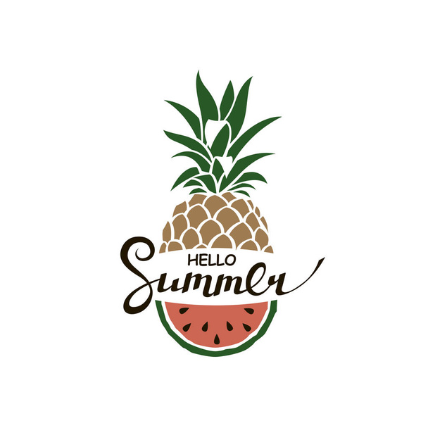 emblem of hello summer lettering with pineapple and watermelon isolated on white background - Vektor, kép