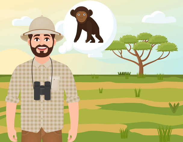 Boldog ember Cork kalap, az állatok vadász gondol az afrikai csimpánz, Szafari táj, esernyő akác, afrikai vidék, vektor illusztráció - Vektor, kép