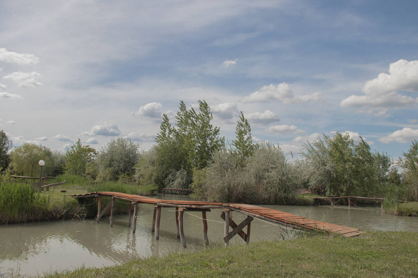 kleiner Park am See mit kleiner Holzbrücke - Foto, Bild