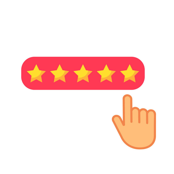 Cliquez ici bouton icône de la main cinq étoiles évaluation du consommateur produit examen icône plate pour les applications et les sites Web. illustration vectorielle
 - Vecteur, image