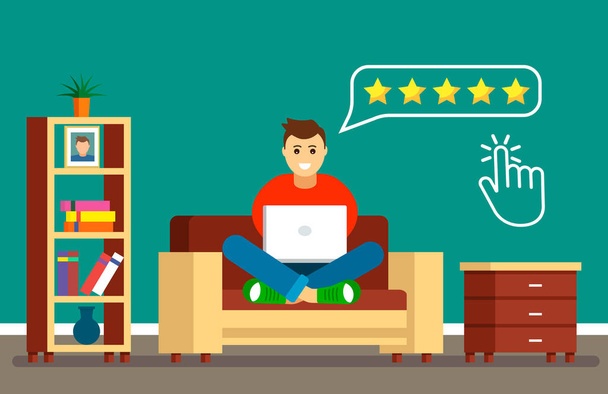 A young man, sitting at home, assesses the quality of service services by 5 stars. Positive feedback on the Internet. The concept of modern business. flat vector - Vector, Image