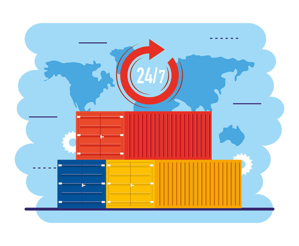 küresel haritada teslimat hizmeti ile konteyner dağıtımı - Vektör, Görsel