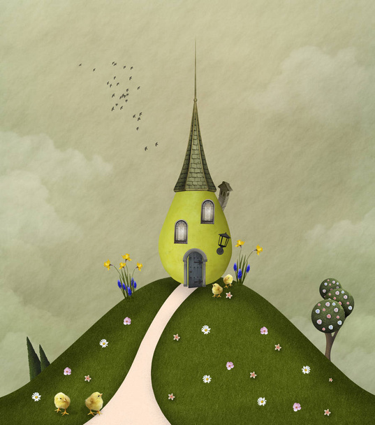Зеленый дом на холме с большим количеством соцветий, трехмерная иллюстрация
 - Фото, изображение