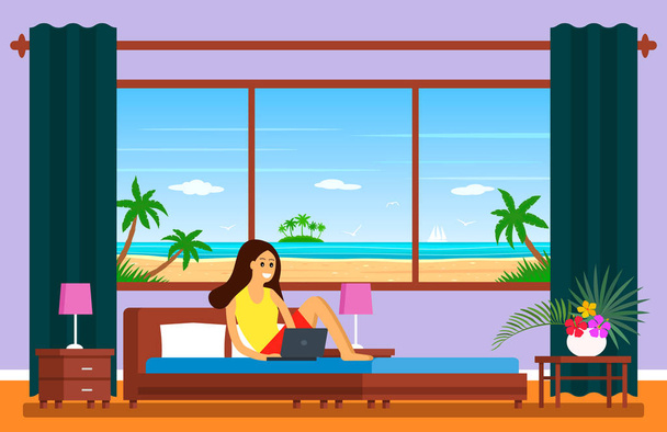 Ten pięciogwiazdkowy hotel dysponuje panoramicznym oknem z widokiem na plażę. Młoda dziewczyna siedzi na łóżku z laptopem. Koncepcja nowoczesnych zarobków dla freelanatorów. Wektor - Wektor, obraz