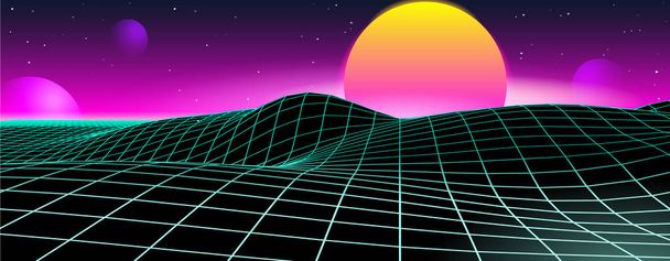 Retro futurystyczny gra planeta krajobraz tło 1980 styl. Digital Space Cyber Wave Surface. 80s party Fashion Sci-Fi. Creative Template for Advertising plakat, okładka, baner. - Wektor, obraz