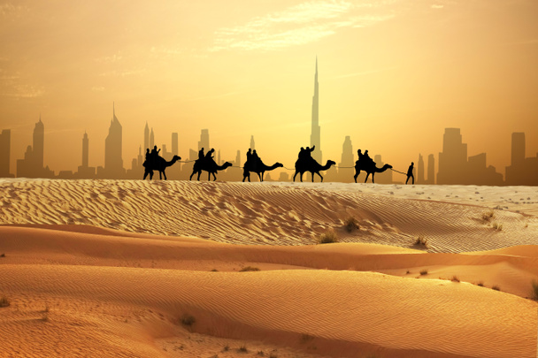 Camel caravan on sand dunes on Arabian dessert with Dubai skyline at sunset - Photo, Image