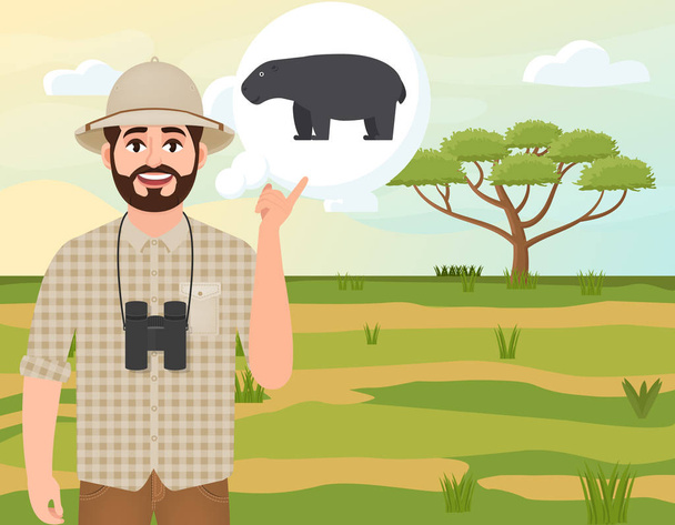 Šťastný muž v korkové čepici, lovec zvířat přemýšlí o hippopotamu, Safari krajině, deštníku, africkém venkově, vektorovém obrázku - Vektor, obrázek