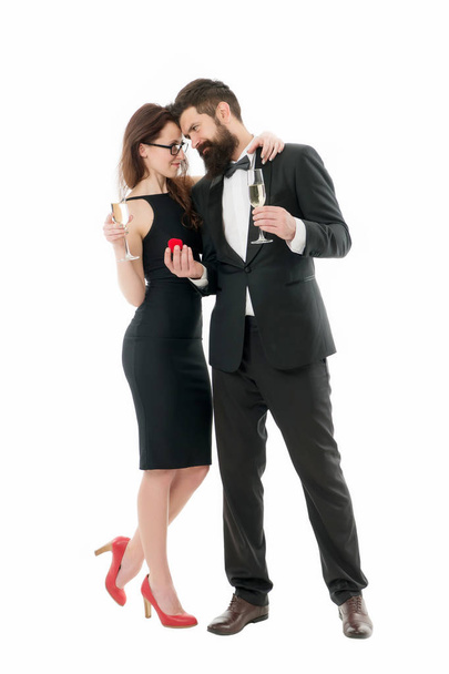 Marry me. Their special day. Family celebrate holiday. Happy holiday celebration. Wedding and proposal concept. Handsome man and elegant woman hold champagne glasses. Anniversary and family holiday - Foto, afbeelding