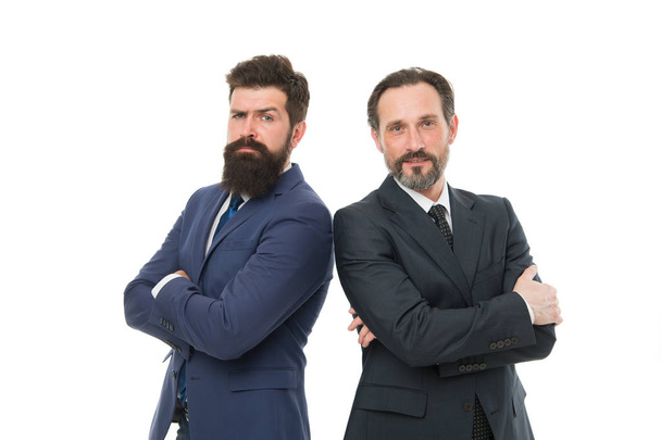 Passionate about their project. Men successful entrepreneurs white background. Business team. Business people concept. Men bearded wear formal suits. Well groomed business men. Partnership teamwork - Photo, Image