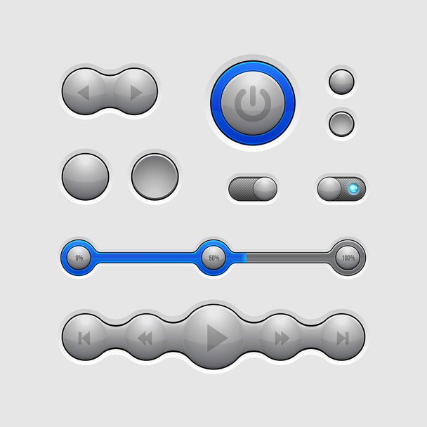 Smart UI Controls Web Elements 2: Buttons, Switchers, On, Off, Player, Audio, Video: Player, Volume, Equalizer, Bulb, Preloader, Loader, Power Button, Play, Stop - Вектор, зображення