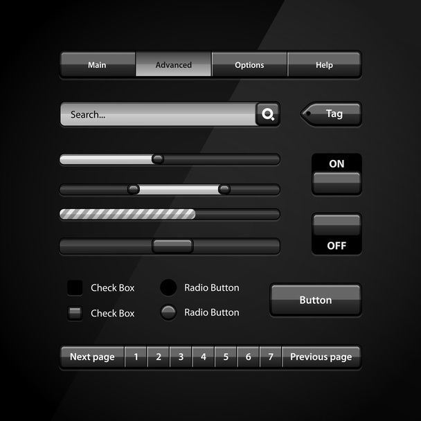 Clean Dark User Interface Controls 7. Web Elements. Website, Software UI: Buttons, Switchers, Pagination, Navigation Bar, Menu, Search, Levels, Progress, Scroller, Check Box, Radio Button, Tag - ベクター画像