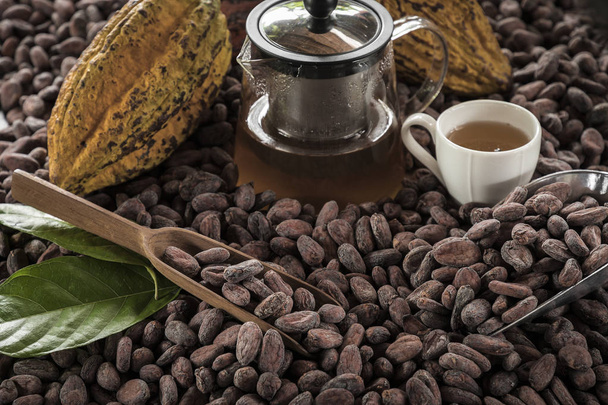 Cocoa Beans and Cocoa Fruits on wooden - Photo, Image