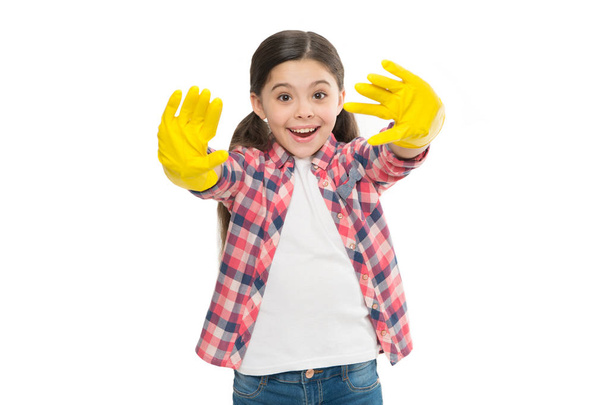 Expert house cleaning service you can trust. Cleaning supplies. Girl rubber gloves for cleaning white background. Teach kid appreciate cleanliness. Clean house is happy one. Housekeeping duties - Foto, afbeelding