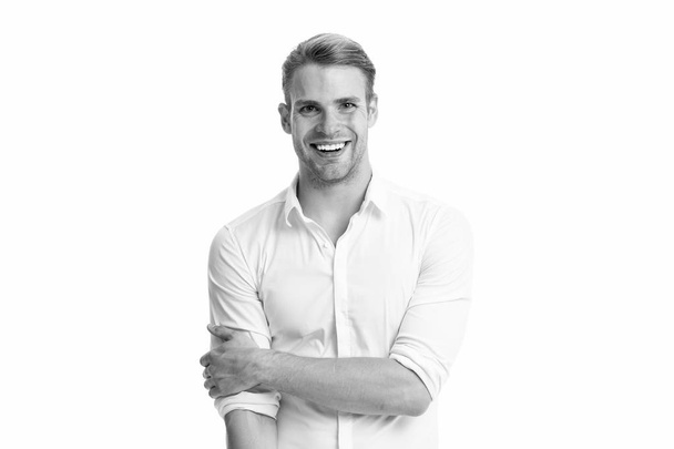 White collar worker. Man well groomed unbuttoned white collar elegant shirt isolated white background. Worker cheerful ready work office. Guy office worker handsome attractive. Working dress code - Fotoğraf, Görsel