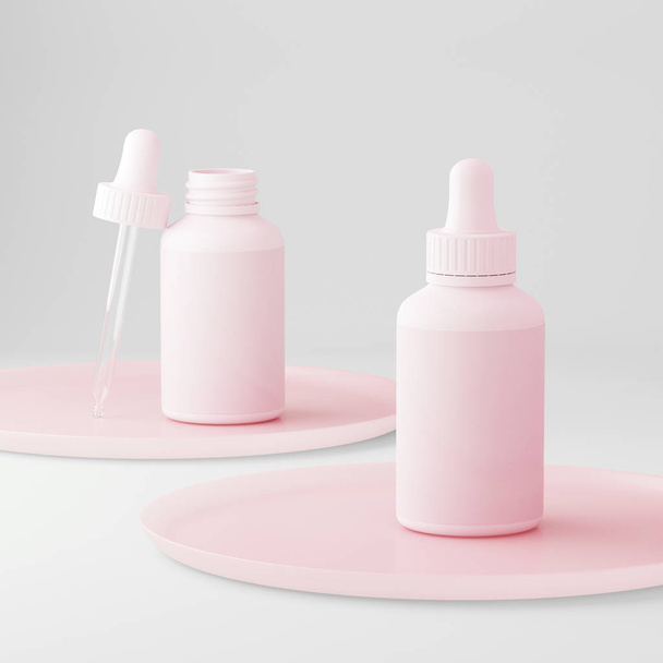 Clean rose modern minimal design. Cosmetic dropper bottle for liquid, cream, gel, lotion. Beauty product package, blank template of white plastic jar. 3d illustration. - Foto, afbeelding