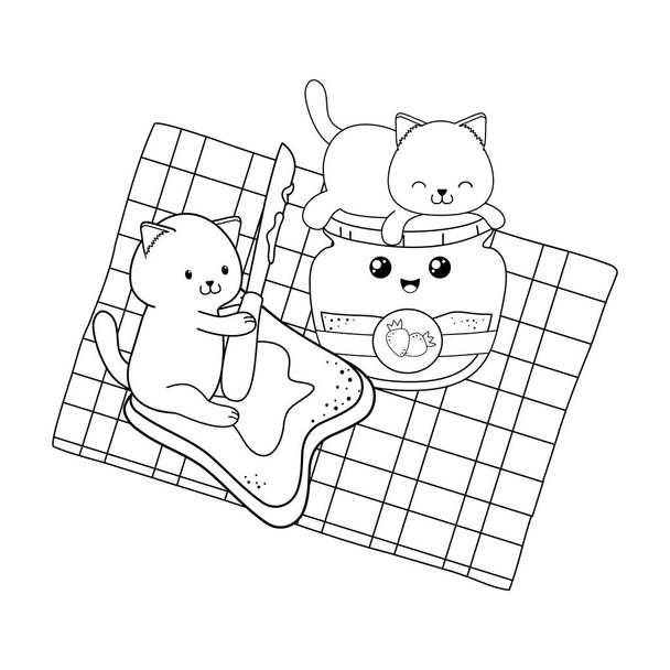 χαριτωμένο μικρό γάτες με μαρμελάδα φράουλα kawaii χαρακτήρες - Διάνυσμα, εικόνα