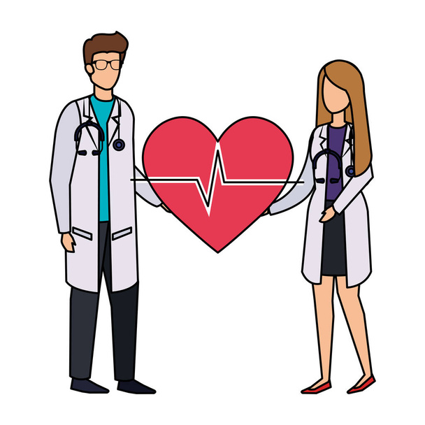 couple of professionals doctors with heart cardio - Vetor, Imagem