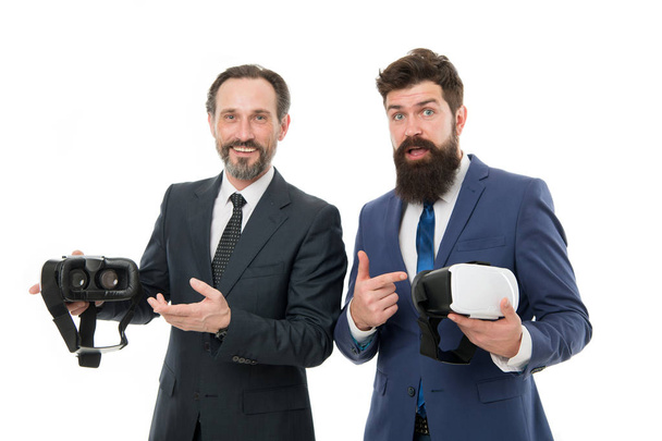 Virtual business. Online business concept. Men bearded formal suits. Digital and cyber technologies. Experimental experience. Business innovation. Vr presentation. Men vr glasses modern technology - 写真・画像