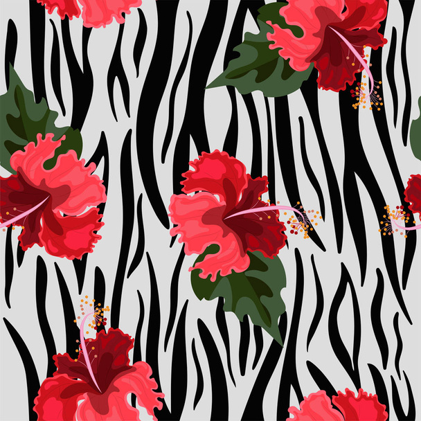 Seamless pattern with tiger skin and hibiscus flowers. Vector texture. - Vector, Imagen