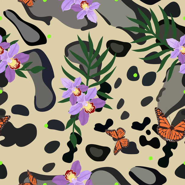 Димчаста шкіра леопарда безшовний візерунок у поєднанні з орхідеєю, пальмовим листям та монаршими метеликами. Розкішний модний принт. Векторний шаблон
. - Вектор, зображення