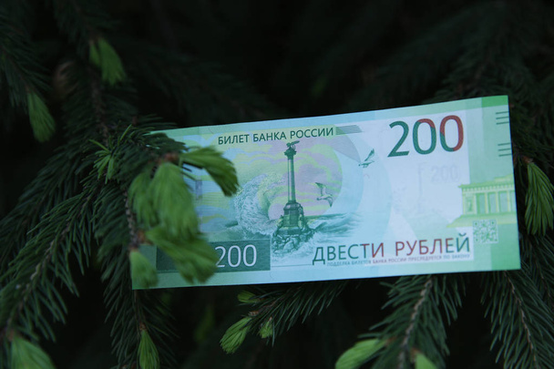  Τραπεζογραμμάτιο 200 ρούβλια Ρωσίας. Μετρητά χαρτί πράσινο χρήμα σε μαύρο φόντο με ένα κλαδί χριστουγεννιάτικο δέντρο. - Φωτογραφία, εικόνα