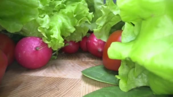 木製のテーブルの背景に自家製と収穫野菜のドリーショット。新鮮なレタス、サラダ、トマト、大根、ほうれん草、キュウリを滑り抜けます。健康的な食事ライフスタイル - 映像、動画