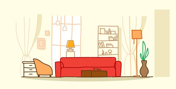 moderno salón interior vacío no personas casa muebles contemporáneo apartamento habitación boceto garabato horizontal
 - Vector, imagen