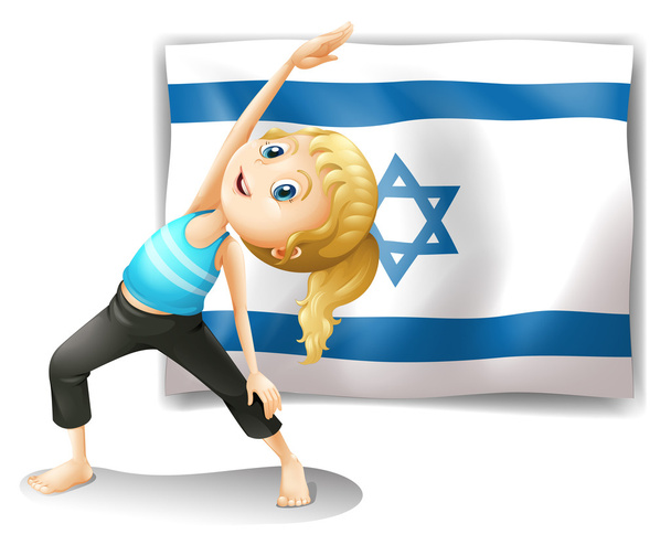 A girl performing yoga in front of the Israel flag - Vector, Image
