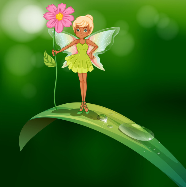 Une fée tenant une fleur debout au-dessus d'une feuille avec une rosée
 - Vecteur, image