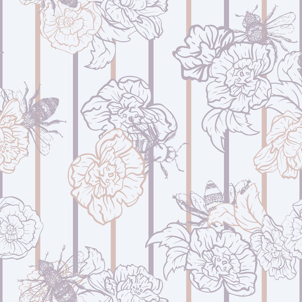 Vector Honey Bees with Roses on Stripes seamless pattern background. - Vektor, kép