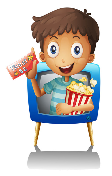Мальчик на телевидении с билетом и попкорном
 - Вектор,изображение
