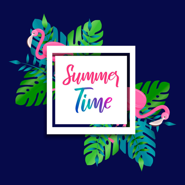 Summer time card of flamingo and tropical plants - Vector, Imagen