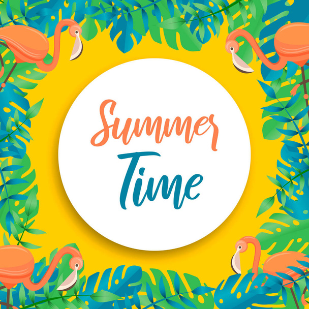 Tropical summer time card of flamingo and plants - Vector, afbeelding