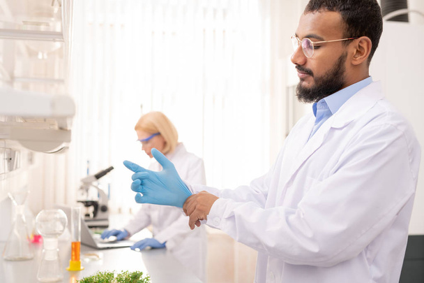 Científico árabe joven guapo serio con barba usando bata de laboratorio y gafas poniéndose guantes quirúrgicos mientras se prepara para el experimento científico
 - Foto, Imagen