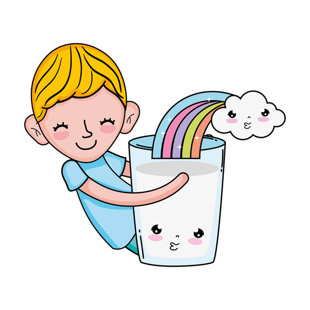 süt ve gökkuşağı kawaii karakteri ile küçük çocuk - Vektör, Görsel