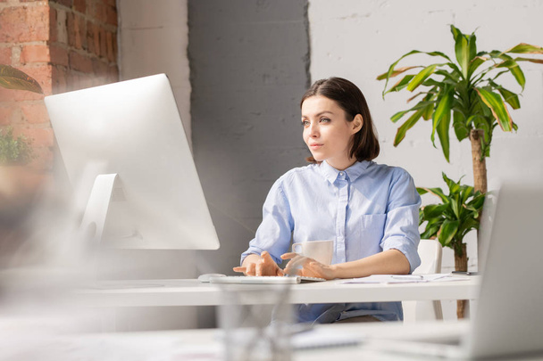深刻なブルネットの女性は、コンピュータの画面の前に机の上に座って、プロジェクト上で作業しながら、オンラインデータを見て - 写真・画像
