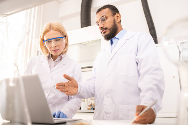 Vakava harkittuja monikansallisia laboratorio kollegansa lab takit käyttävät kannettavaa tietokonetta etsiessään ratkaisua ja keskustella tutkimuksesta yhdessä
 - Valokuva, kuva