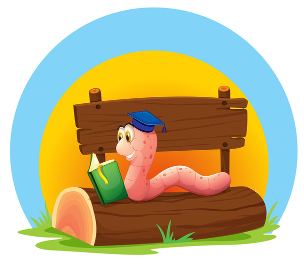 Un gusano leyendo un libro sobre un baúl con una señalización vacía
 - Vector, Imagen
