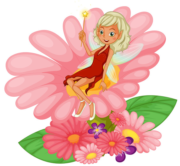 ピンクの花の上に座っ妖精 - ベクター画像
