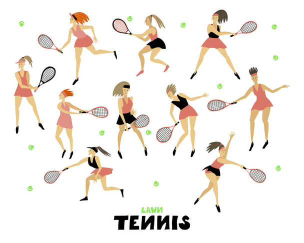 テニス選手の女の子は、モーションフリーハンドベクトルイラストでラケットとボール人間の姿を持つ女性を設定 - ベクター画像