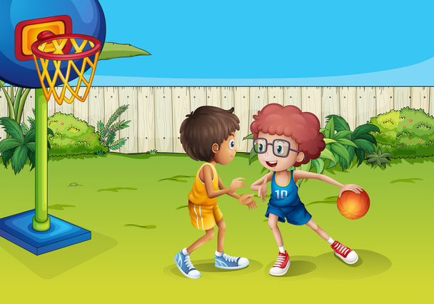 Due ragazzi che giocano a basket dentro la recinzione
 - Vettoriali, immagini