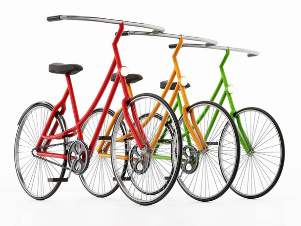 Red, yellow and green bicycles isolated on white background. 3D illustration - Фото, зображення