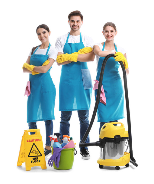Team of janitors on white background - Fotografie, Obrázek